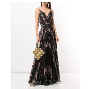 Marchesa Notte Pleated Chiffon Floral-Print Belted Sleeveless Dress Size-8 Black